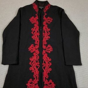 🆕🌹STUNNING LONG BLACK WOOL RED RIBBON JACKET